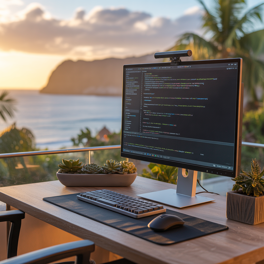 A premium remote work setup on a balcony overlooking a tropical coastline at sunset, ultrawide monitor with code on screen, mechanical keyboard, succulent plants, golden hour light casting warm shadows, productivity aesthetic, professional product photography, no people